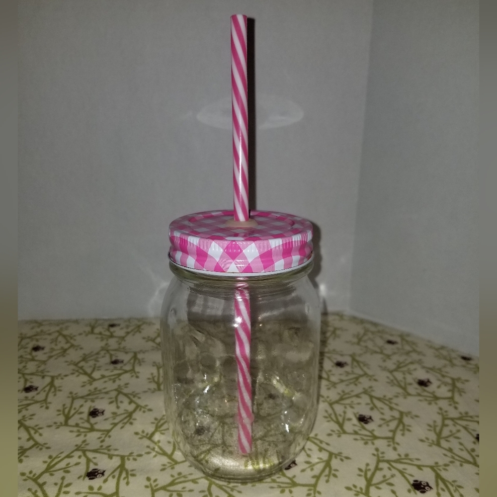 Pink White Gingham Mason Jar Drinking Cup with Straw Lid Ball